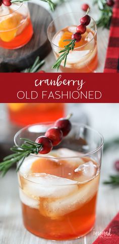 cranberry old fashioned cocktail is garnished with rosemary