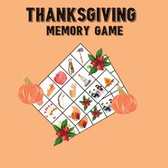 a thanksgiving memory game with pumpkins and other items on the front, in an orange background