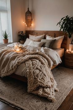 a bed with blankets and candles on top of it in a bedroom next to a window