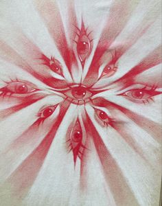 an eyeball drawing is shown in red and white with the background lightening up