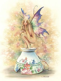 a painting of a fairy sitting on top of a vase