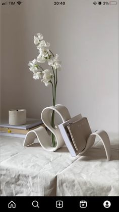 a vase with white flowers in it sitting on a table next to a stack of books