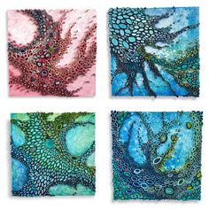 four square paintings with different designs on them