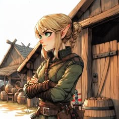 a woman with blonde hair and green eyes standing in front of a wooden building next to a barrel