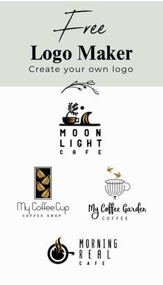 logos designed for coffee shop and restaurant, including the logo maker on the bottom right hand corner