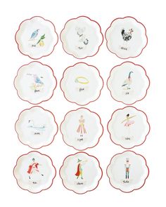 The 12 Days of Christmas Paper Plate Set by My Mind’s Eye includes twelve white holiday party plates with red trim, each displaying a unique visual representation and text label from the 12 Days of Christmas song. Perfect for adding a festive touch to any Christmas gathering. Christmas Dinner Plates, Christmas Paper Plates, The 12 Days Of Christmas, Holiday Goodies, Holiday Songs, Christmas Plates, Party Plates, Holiday Themes, 12 Days Of Christmas