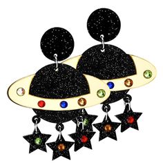 Head To A World Of Fabulousness With The Planet Gleam Resin Earrings From Lasr. These Fantastically Extra Rave Accessories Are Made Of A Light Weight Resin And Feature A Straight Stud Style Earring With Glittering Black Planets That Have A Metallic Gold Outer Ring, Dangling Star Charms, And Gem Studded Accents. Grab These Cute Earrings And Say Goodbye Earth, Hello Glam Galaxy! Planet Gleam Resin Earrings 1.77” W X 2.76” H 100% Resin Rhinestone Detail Straight Post With Secure Lock Backing Gold/B Black Retro Earrings, Glitter Chevron, Planet Earrings, Vendor Booth, Rave Accessories, Stud Style, Labradorite Earrings, Gold Statement Earrings, Flying Saucer