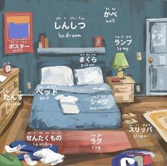 an image of a bedroom with japanese writing on the wall