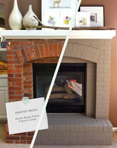 the fireplace is painted brick and has a sign on it that says, paint brick