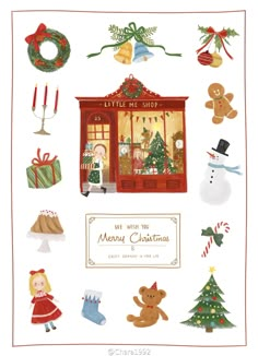 a christmas card with an image of a store front and various holiday decorations on it