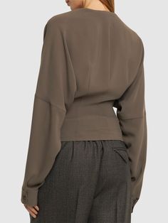 Find PHILOSOPHY DI LORENZO SERAFINI Light Tech Crepe Wrap Shirt on Editorialist. Side button closure at waist. Model is wearing a size38 Chic Olive Long Sleeve Tops, Chic Khaki Tops For Workwear, Elegant Khaki Office Tops, Elegant Khaki Tops For Office, Elegant Khaki Blouse For Work, Khaki Shirt, Womens Khakis, Wrap Shirt, Lorenzo Serafini