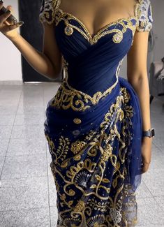 African Wrapper Styles, Blue Traditional Dresses African, Gold And Blue Prom Dress, Aseobi Design 2023, Aseobi Design, Nigerian Outfits