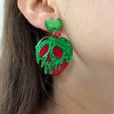 These Are The Cutest Halloween Or Snow White Cosplay Acrylic Earrings! Glitter Green Details. High Quality And I Ship Next Day Any Questions Please Let Me Know. Tags: Y2k 80s 90s 70s Laser Cut Lucite Acrylic Vacation Luxury Cosplay Disney Snow White Villains Witch Rave Jewelry For Halloween Party, Green Halloween Party Earrings, Green Halloween Party Jewelry, Halloween Party Heart-shaped Earrings, Heart-shaped Halloween Party Earrings, Snow White Poison Apple, Snow White Cosplay, Cosplay Disney, Vacation Luxury