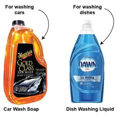 two different types of car wash and dishwash liquids, one for washing cars the other for washing dishes