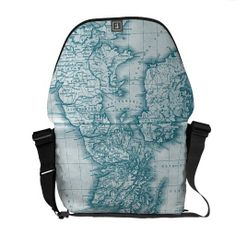 a blue and white map messenger bag