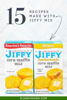 two boxes of corn muffin mix sitting next to each other on a white table