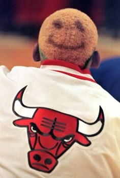 the back of a stuffed animal with a bulls jersey on it's chest and head