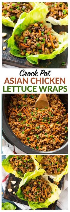 Healthy Crockpot Asian Lettuce Wraps with ground chicken or ground turkey, green onions, and fresh veggies. BETTER THAN PF CHANG’S! This fresh, healthy slow cooker recipe is so easy to make and the sauce is so flavorful and not too spicy. Serve with lettuce cups or rice for a delish low carb meal. #lettucewraps #chicken #asianlettucewraps #lowcarb via @wellplated Asian Crockpot Chicken, Crock Pot Asian, Crockpot Asian, Salat Wraps, Asian Chicken Lettuce Wraps, Asian Lettuce Wraps, Chicken Fresh, Summertime Recipes, Low Carb Meal