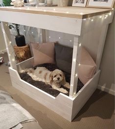 a dog is laying in his bed under the table with its lights on and some pillows