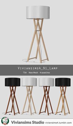 three different views of a table lamp with black and white lamps on each side,