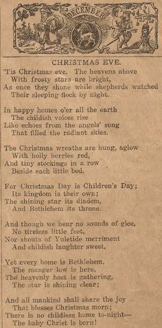 an old christmas poem is shown in black and white