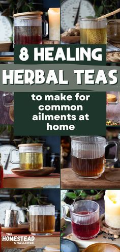 8 photos of different teas- all in clear cut glass mugs. They range from pink tea to amber to golden yellow. How To Blend Tea, Herb Tea Blends, Hangover Tea Recipe, Homemade Theraflu, Homemade Tea Blends Recipes, Herbal Tea Blends Recipes, Diy Herbal Tea Blends, Homemade Tea Blends, Diy Teas