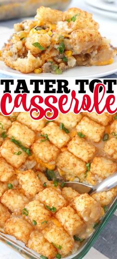 tater tot casserole on a plate with the title overlay