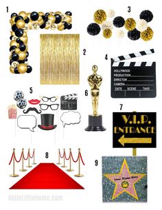 an oscars party is shown with black and gold decorations, balloons, and hollywood star