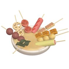 a plate filled with different types of food on skewers