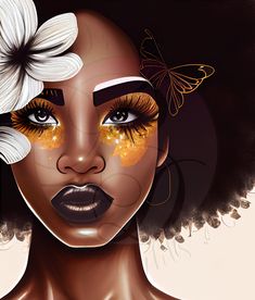 a digital painting of a woman with flowers in her hair and butterflies on her face