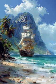 a painting of a sailboat in the ocean with palm trees and mountains behind it