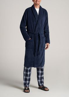 American-Tall-Men-Mens-Robe-Navy-front Robes Men, Sp Characters, Robes For Men, Mens Robes, Sleeping Clothes, Hospital Stay, Lounge Robes, Plaid Pajama Pants, Men's Robes