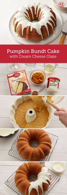 pumpkin bundt cake with cream cheese glaze is shown in three different stages, including being frosted