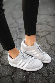 Sneakers are one of the best shoes – I can’t imagine comfier and more stylish shoes. Most of offices allow wearing Sneakers, so we strongly recommend you to try it as Sneakers can be a cool addition to any type of outfit. Looks with trousers, shorts and s Grey Adidas Shoes, Adidas Women Fashion, Look Adidas, Adidas Fashion, Grey Adidas