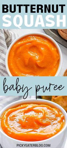 a bowl of butternut squash baby puree next to a bowl of carrot soup