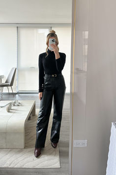 Check out my daily outfits that are perfect for everything from dinner to going out. Tap the link to shop this look! Leather Wide Leg Pants Outfit, All Black Outfit Winter, Going Out Outfit Winter, Aesthetic All Black Outfit, Winter Going Out Outfit, Black Outfit Winter, Abercrombie Outfits, Leather Wide Leg Pants, Wide Leg Pants Outfit