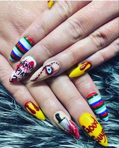 Chuky Doll Nails Designs, Chucky Nails Simple, Jigsaw Nail Art, Childs Play Nails, Chucky Nails Short, Chucky Themed Nails, Chucky Nail Designs, Chuckie Nails