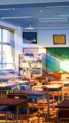 an empty classroom with desks and chairs in front of a large window that has bookshelves on it