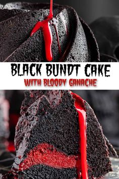 This frighteningly eery Black Halloween Bundt Cake with Blood Red Ganache will be a hit at your next Halloween party! It is the perfect balance between luscious and seductive that it will bring a smile to even the meanest of the ghouls and goblins! #halloweencake #scaryhalloweenfood #halloweendesserts Black Bottom Bundt Cake, Halloween Bundt Cake Ideas, Halloween Bunt Cake Ideas, Black Cake Halloween, Easy Halloween Bundt Cake, The Spookiest Black Velvet Cake, Spooky Black Velvet Halloween Cake, Holloween Cake