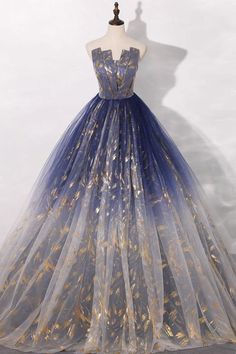 Celestial Ballgown Wedding Dress, Celestial Dress Gowns Blue, Moon Dress Gowns Prom, Junior Prom Dresses Ball Gown, Moon Dress Gown, Elegant Quinceanera Dresses Navy Blue, Blue Ball Room Dresses, Wedding Dress With Dark Blue, Black And Blue Or Gold And White Dress