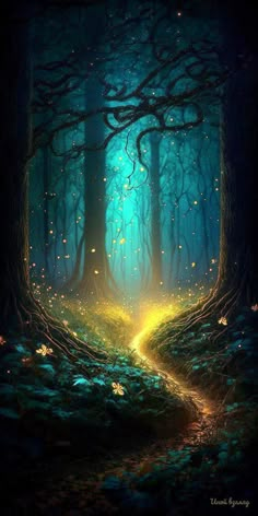 a painting of a path leading into a forest with fireflies in the trees at night