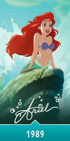 ariel from the little mermaid movie sitting on top of a rock with her hair blowing in the wind