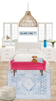 a bedroom with a bed, rug and lamp in the middle is featured in an article about island time