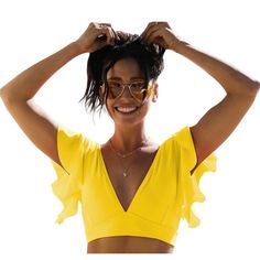 Sporlike Women's Bikini Swimsuit Top, Yellow Ruffle Sleeve- Size Xl. Condition Is New With Tags. Fitted V-neck Tops For Beach Season, V-neck Tankini For Sunbathing, V-neck Tops For Beach Season Swimming, Chic V-neck Tankini For Vacation, Summer V-neck Tankini For Sunbathing, Solid V-neck Swimwear With Ruffles, Low-cut Beachwear Swimwear For Summer, Summer Low-cut Beachwear Swimwear, Summer Stretch Ruffle Tankini