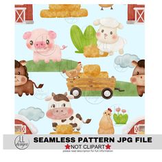 seamless pattern with farm animals in the sky and on top of a truck,