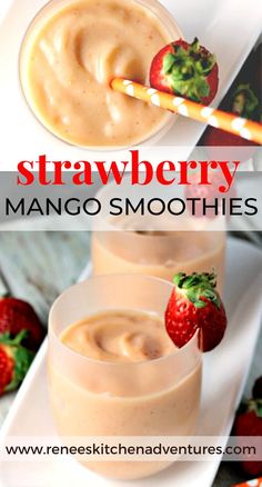 strawberry mango smoothie in glasses with strawberries on the side and text overlay