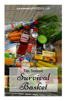 a shopping cart filled with groceries and condiments