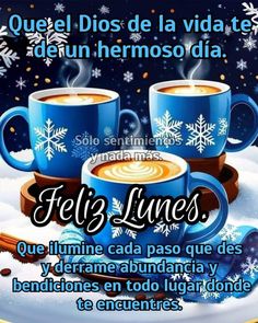 two cups of coffee sitting on top of a snow covered ground with the words feli's lines written in spanish