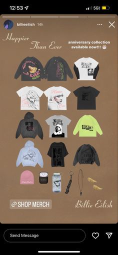 an image of various t - shirts displayed on a cell phone with the caption shop merch