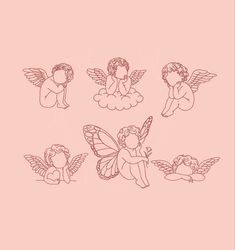 four little angels sitting on top of each other in pink and black ink with the words,